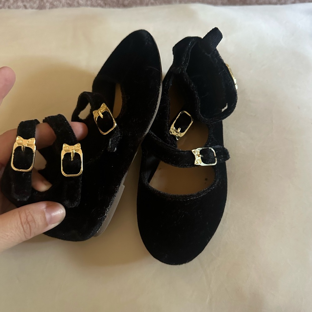 Old Navy Black Velvet Kids Dress Shoes with Gold Buckles